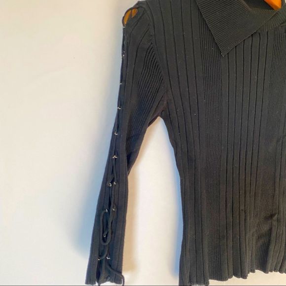 DOLLHOUSE Black Asymmetrical Ribbed Knit Top w/ Mesh Detail & 3/4 Sleeve - Picture 6 of 8